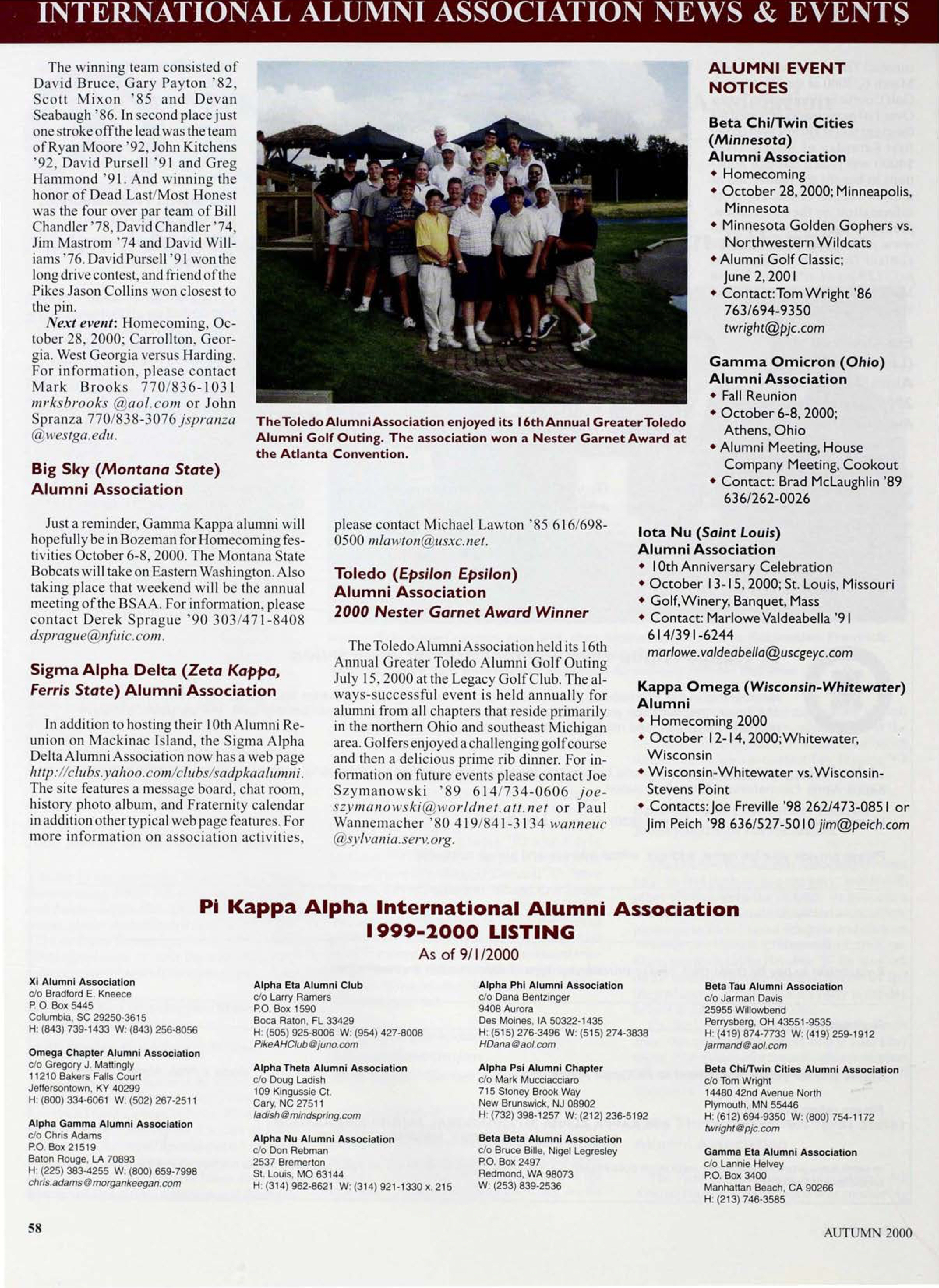 Pi Kappa Alpha International Alumni Association 1999-2000 Listing, Autumn 2000